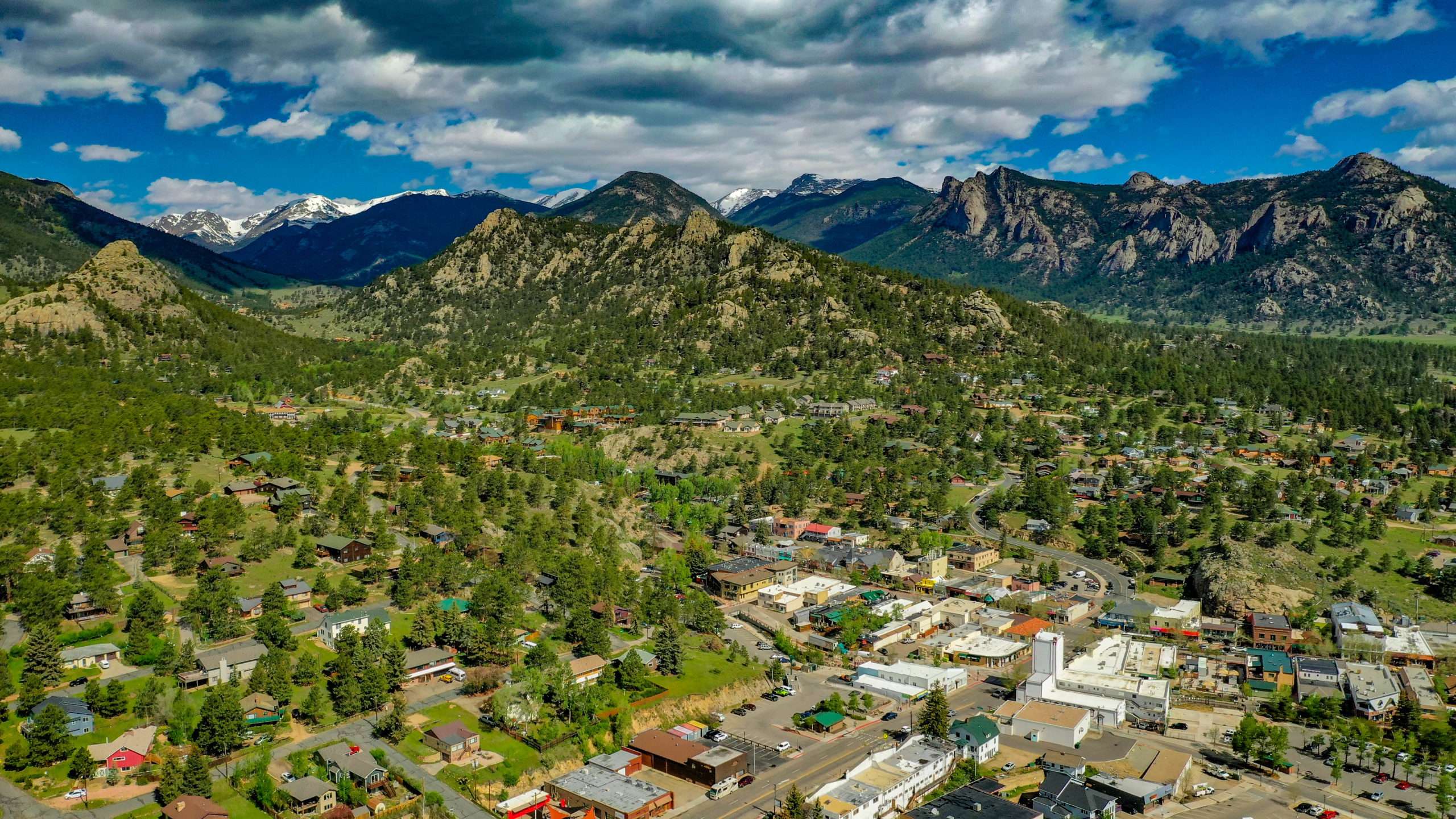 This is an aerial image of downtown Estes Park CO. Endo Valley to the Continental Ridge, and Lumpy Ridge (r) taken from above This Mountain Life Cabins. Elkhorn Drive is a 3 minute walk due north on on E Riverside Drive. Redemption Cabin, Exploration Cabin and Reflection Cabin are Extraordinary Mountain Town Vacation Rentals in Estes Park, CO USA. www.ThisMountain.Life