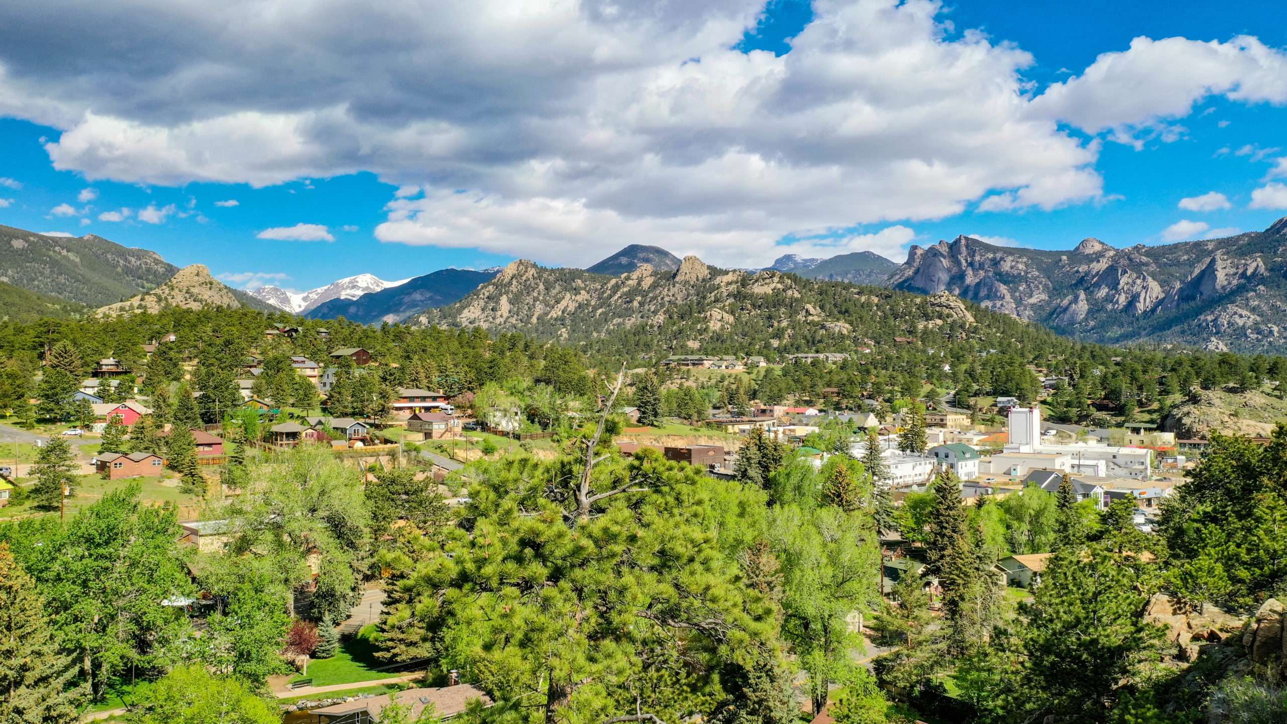 This is an image taken 100' above Redemption, Exploration and Reflection Cabins pointing northwest over Baldwin Park up Fall River into Endo Valley of the Rocky Mountain National Park. The right side of the image points north over downtown Estes Park to Lumpy Ridge large in the background.