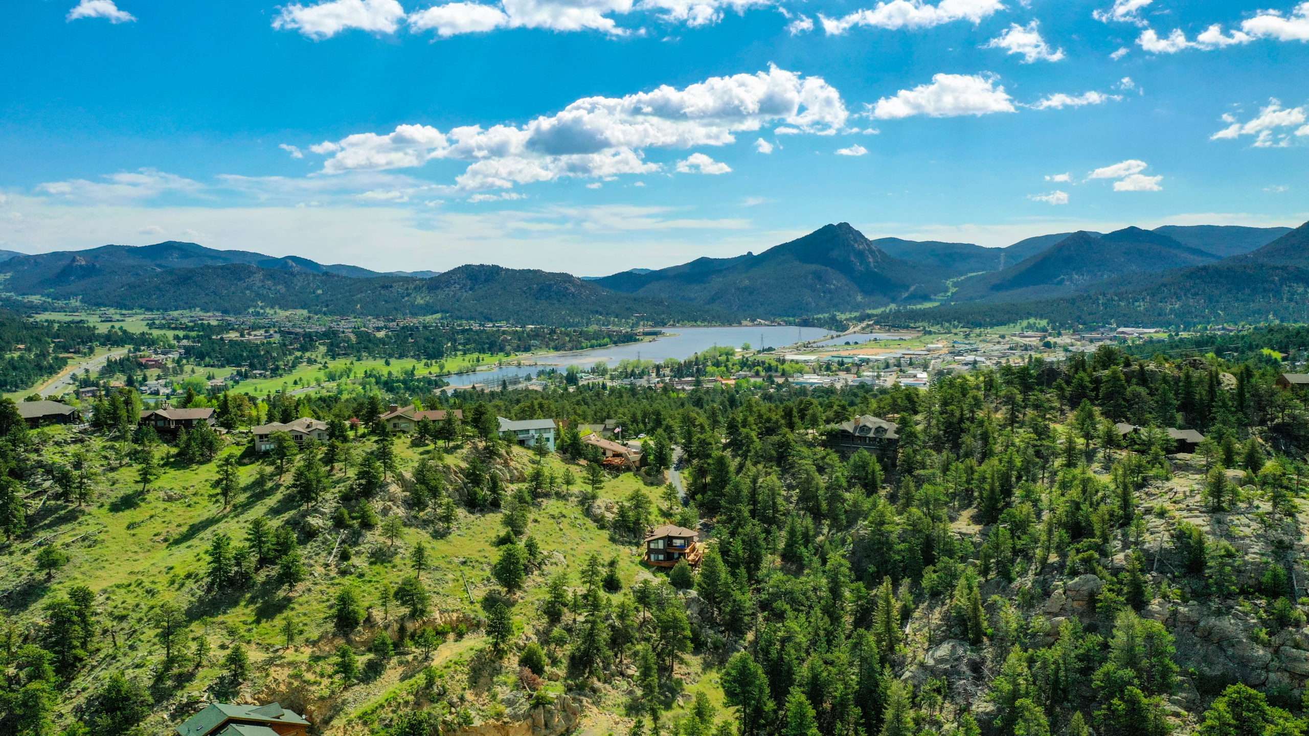 This is an aerial image looking east from This Mountain Life Basecamp over Little Prospect Mountain to Stanley Park, the Big Thompson River to Estes Lake Trail, Executive Golf Course, Estes Lake, the Big Thompson Canyon and Mount Olympus. We have a wondrous 4 mile riverwalk from our cabin doors to the marina and back.